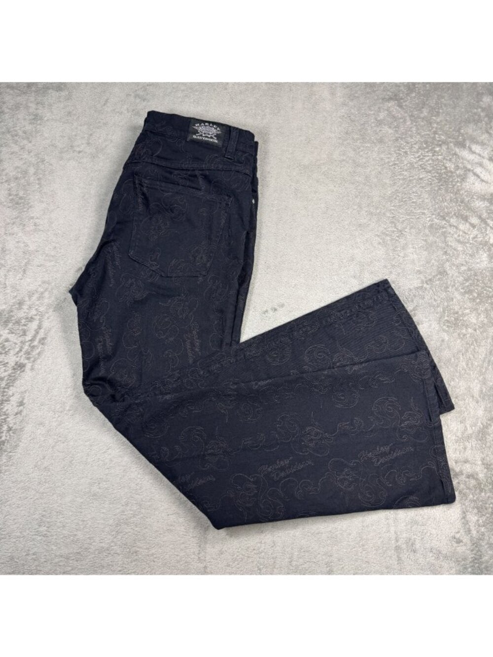 Harley Davidson Embroidered Flames Bootcut Jeans Womens 12 Black Biker Grunge